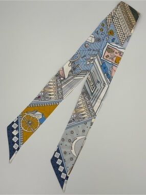 Hermes Odyssey Twilly Scarf Blue Beige Yellow Multicolor Equestrian